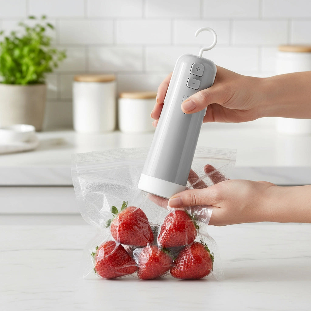 Portable kitchen vacuum sealer being used to keep strawberries fresh in a resealable vacuum bag