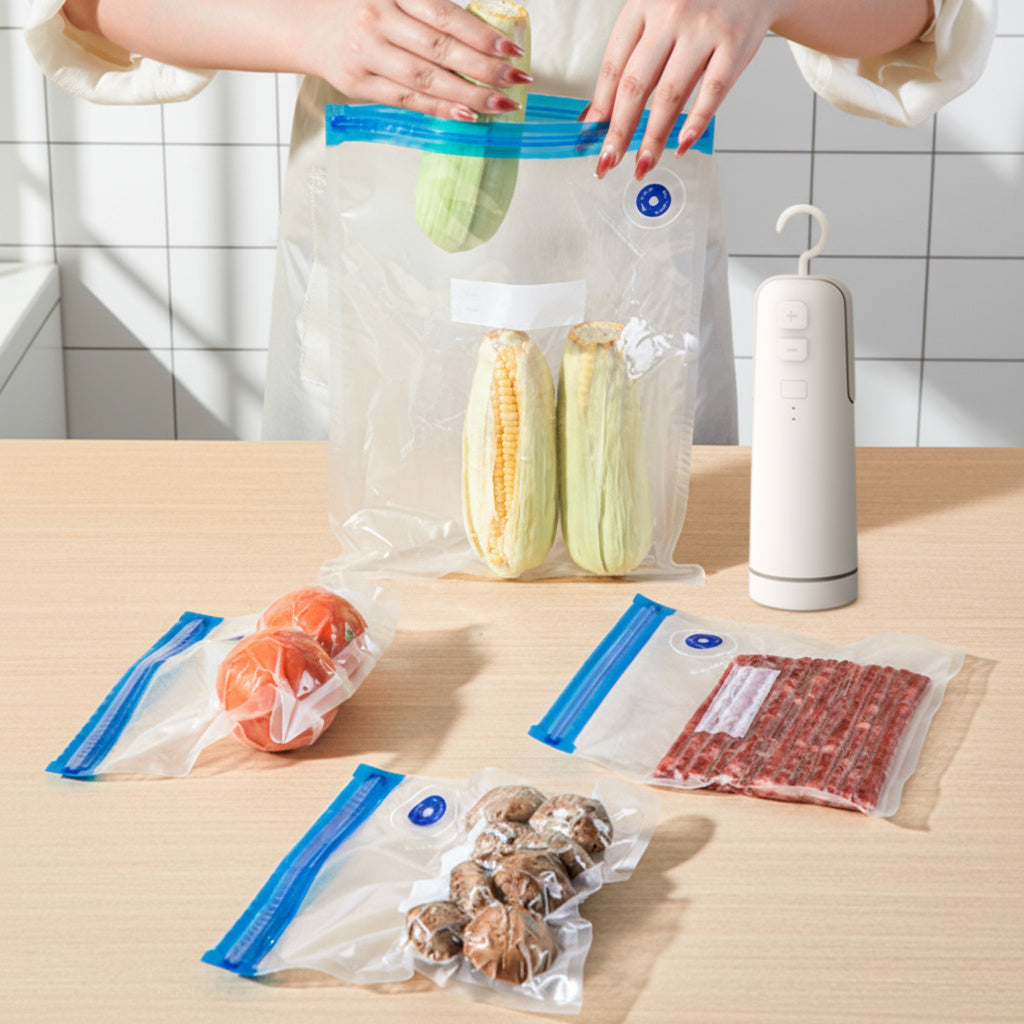 Handheld vacuum sealer with multiple food bags containing corn, tomatoes, mushrooms, and meat, demonstrating fresh storage and organization.