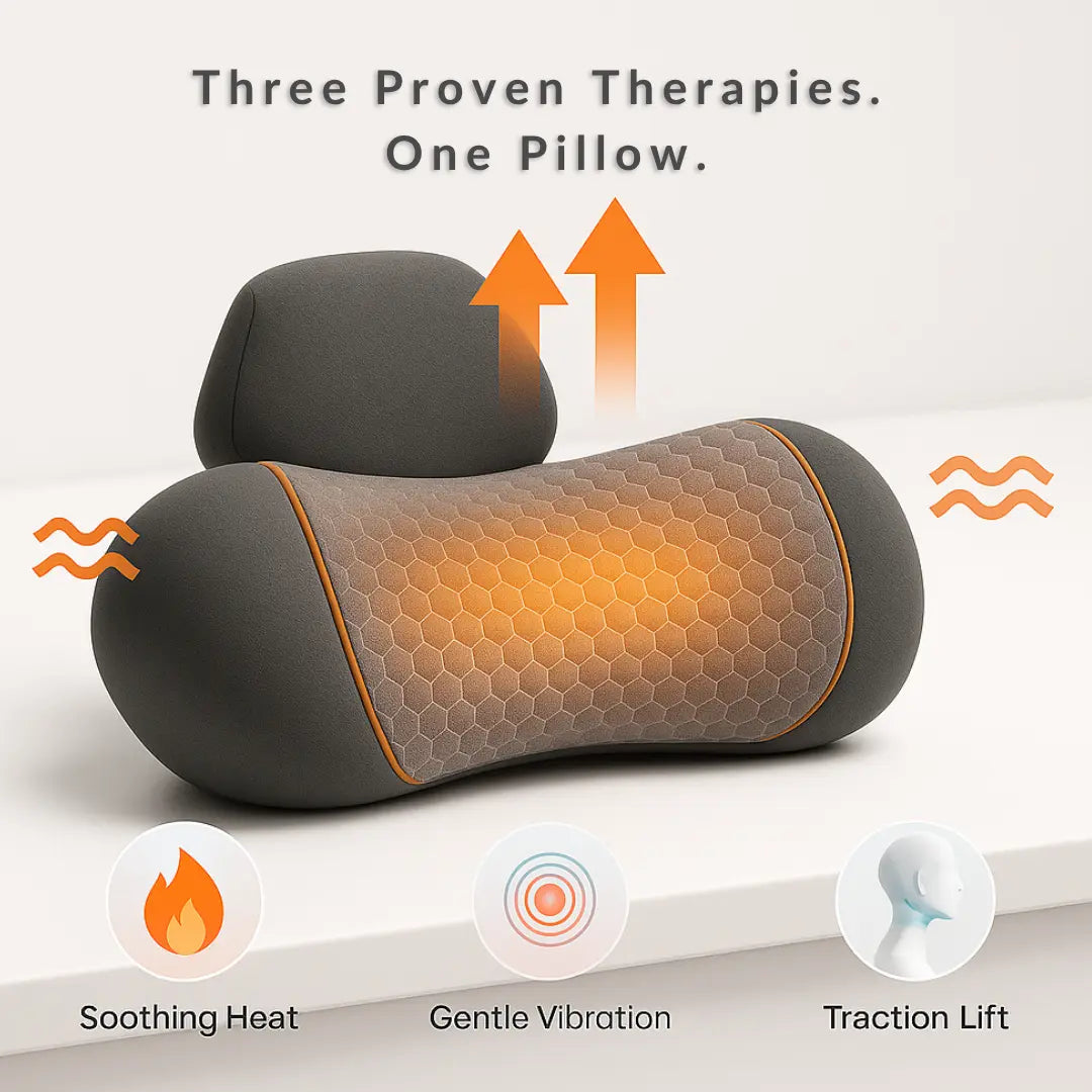 Massage pillow with honeycomb design on a white background, featuring text about three proven therapies.