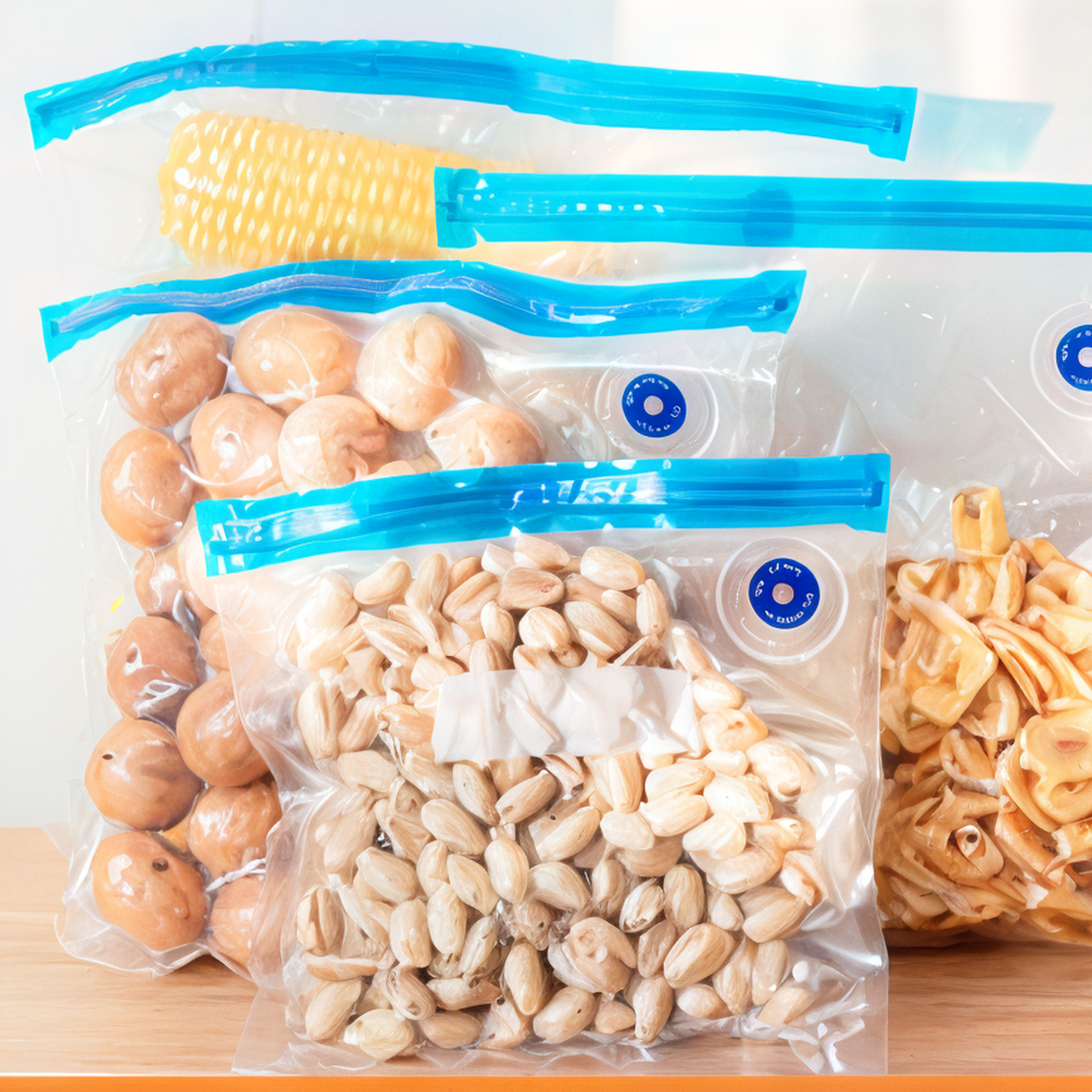 Reusable vacuum storage bags filled with corn, bread rolls, nuts, and dried fruit, sealed airtight with handheld vacuum sealer system.