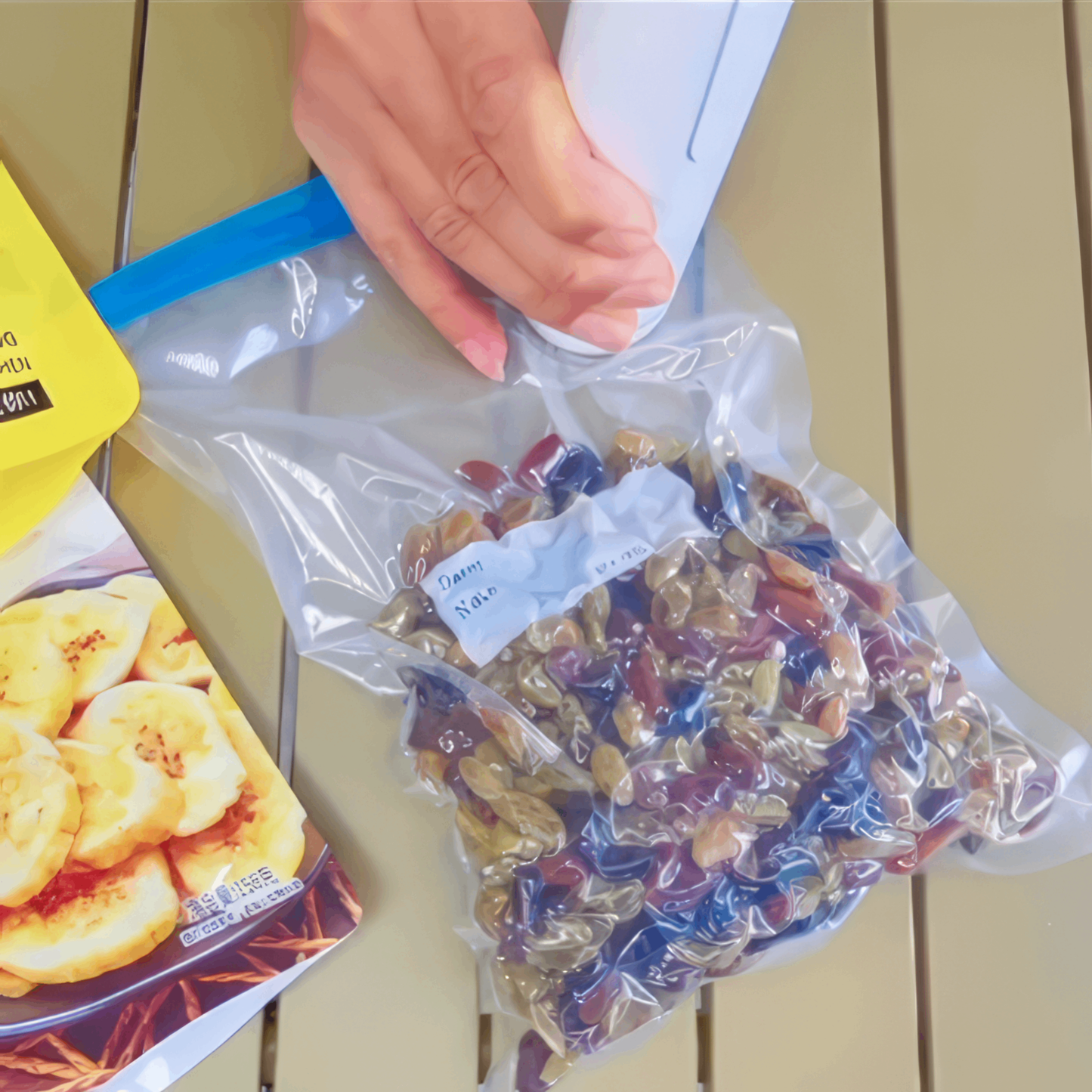 Handheld vacuum sealer preserving a bag of sultanas, keeping dried fruit fresh and protected from air exposure.