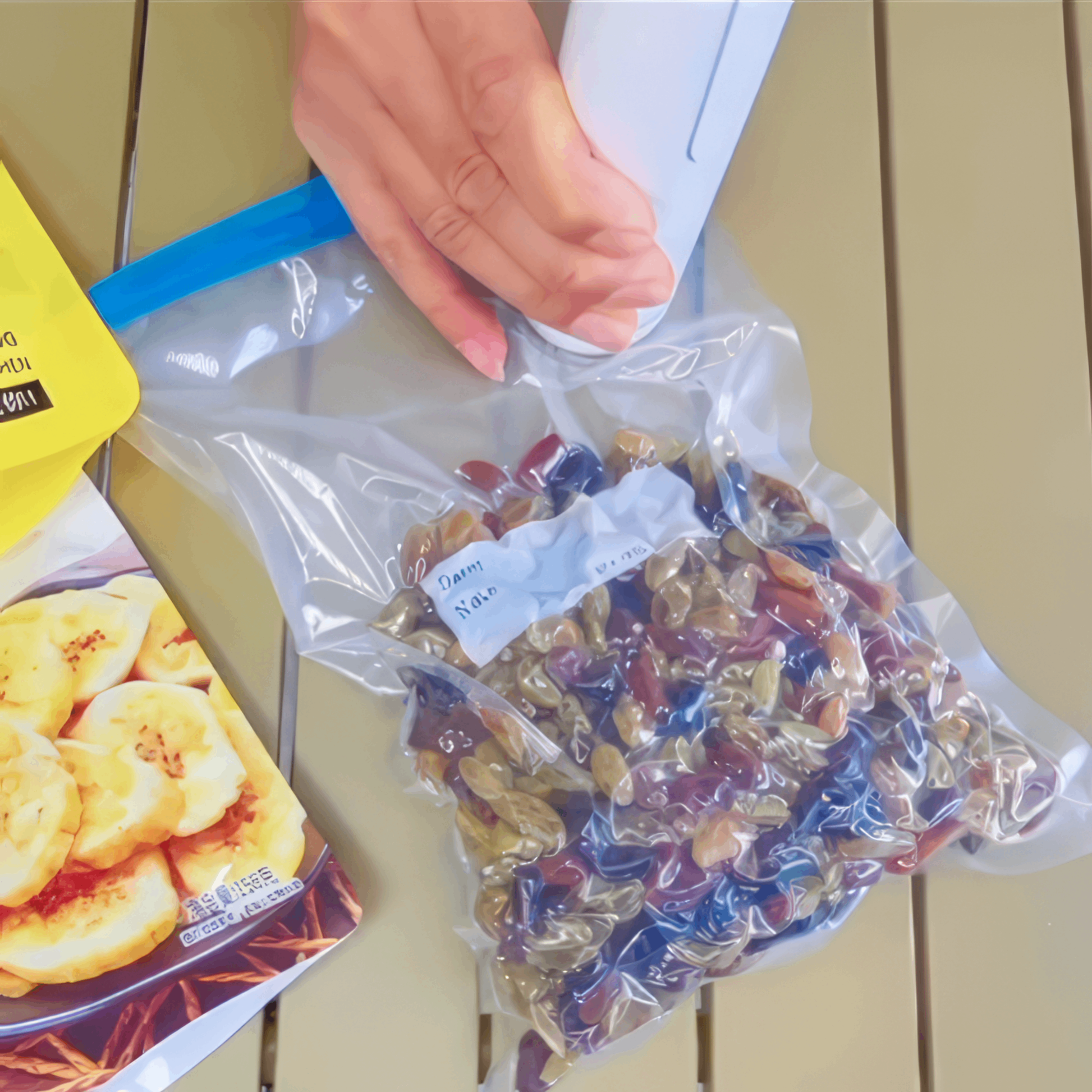 Handheld vacuum sealer preserving a bag of sultanas, keeping dried fruit fresh and protected from air exposure.